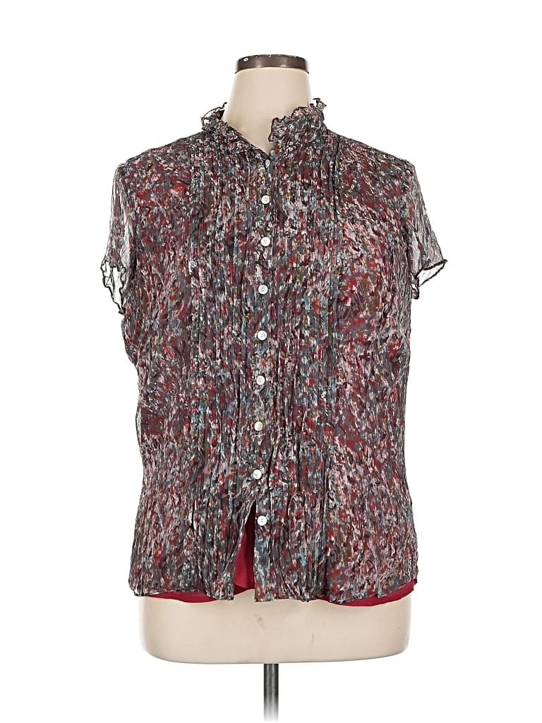 Pre-owned Coldwater Creek Short Sleeve Silk Top Gray Tweed Pattern Collared Neckline Tops