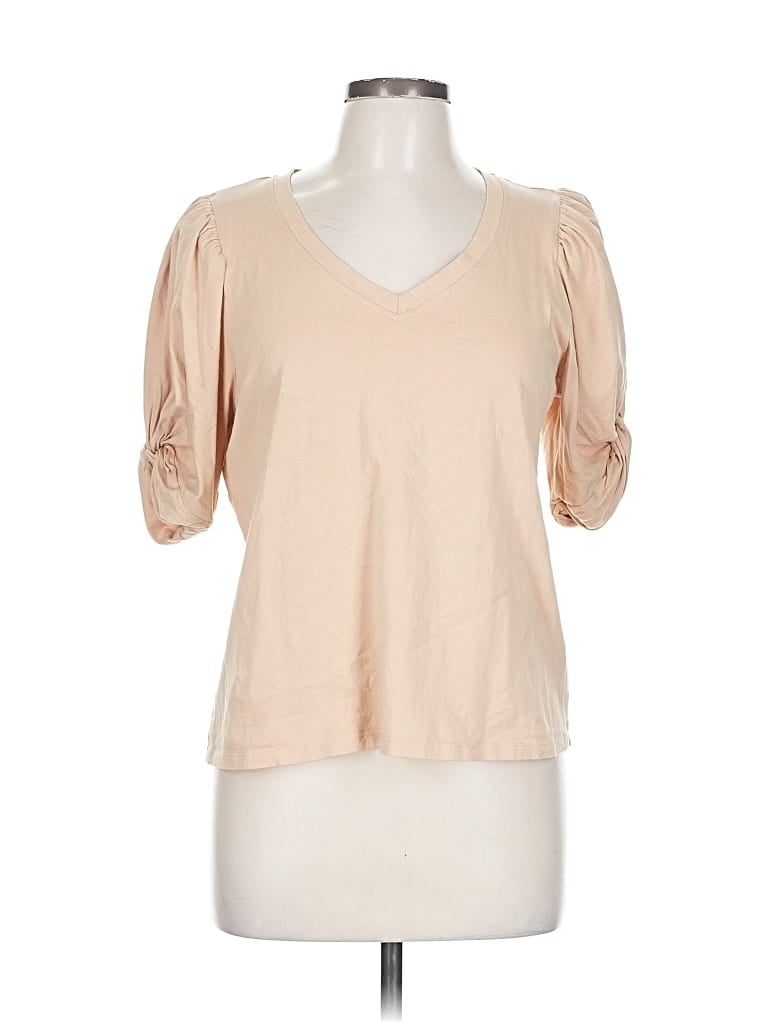 Pre-owned 7 For All Mankind Short Sleeve Top Tan V Neck Tops In Brown
