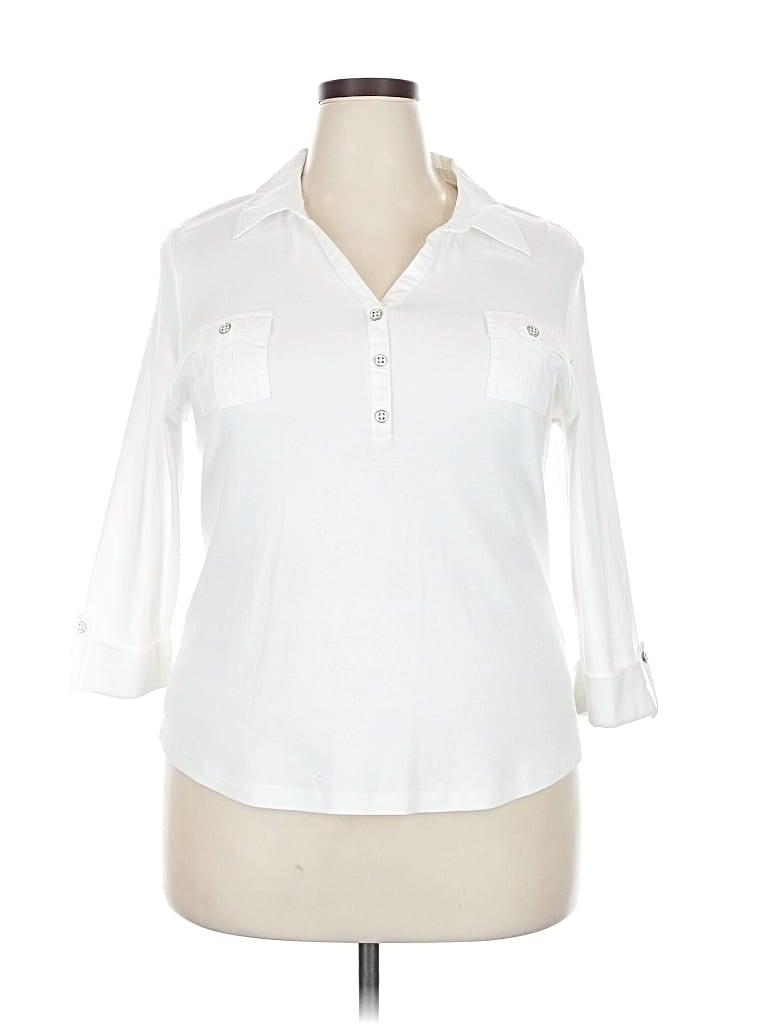 Pre-owned Karen Scott 3/4 Sleeve Button Down Shirt In White
