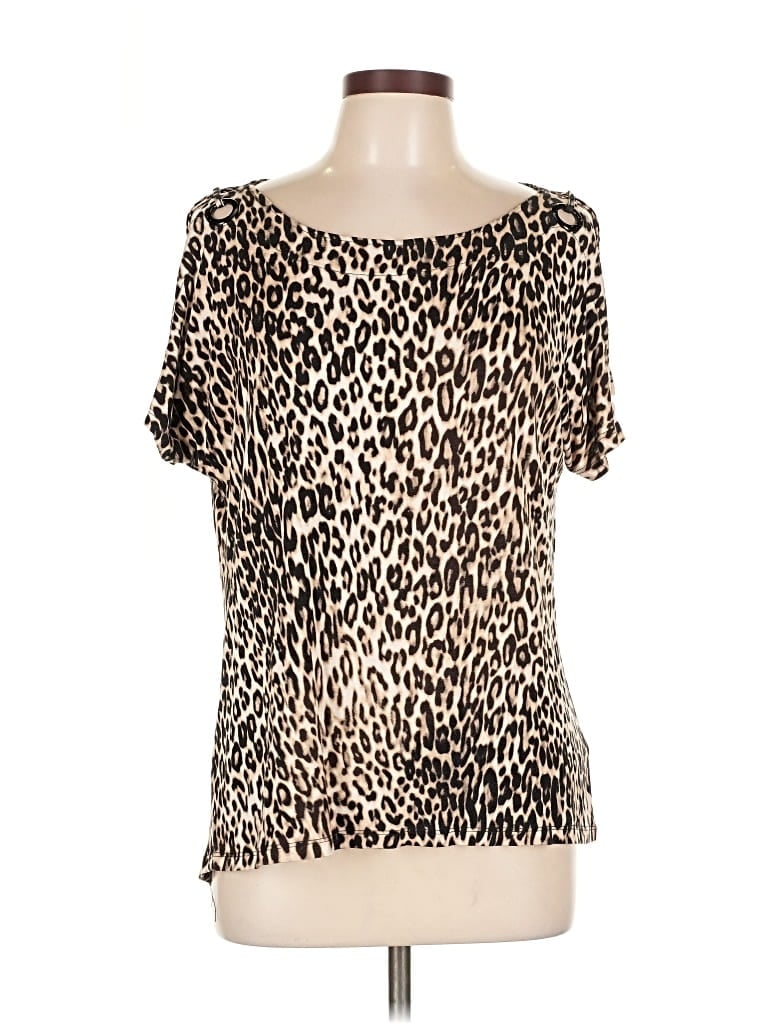 Pre-owned Cable & Gauge Short Sleeve Top Tan Animal Print Pattern Scoop Neck Tops In Brown