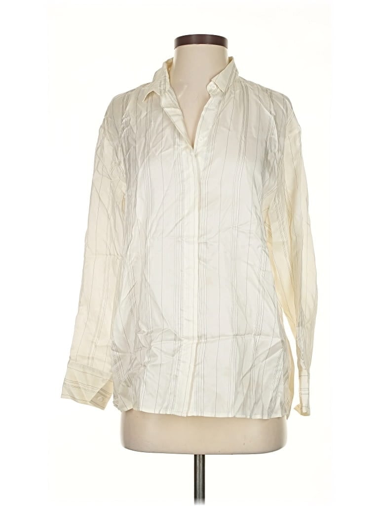 Pre-owned Peserico Long Sleeve Silk Top Ivory Square Neckline Tops In White