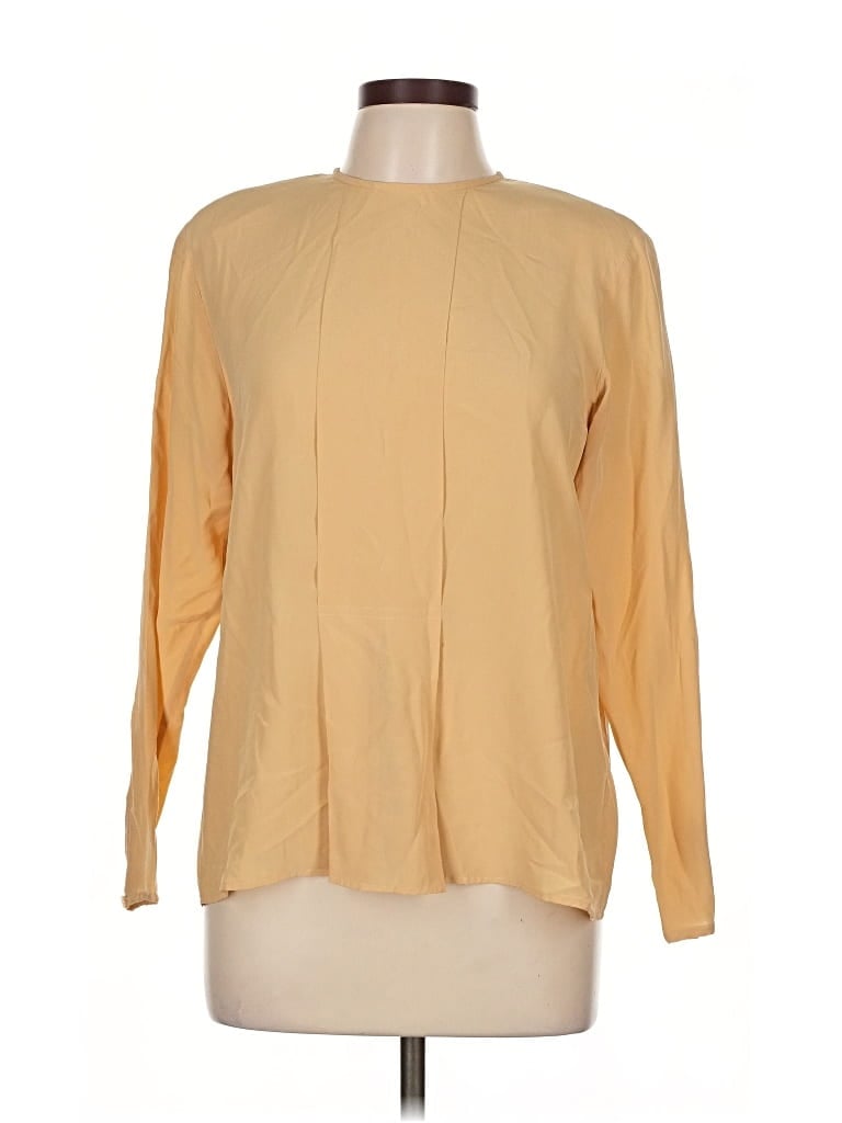 Pre-owned Rena Rowan For Saville Long Sleeve Silk Top Yellow Crew Neck Tops