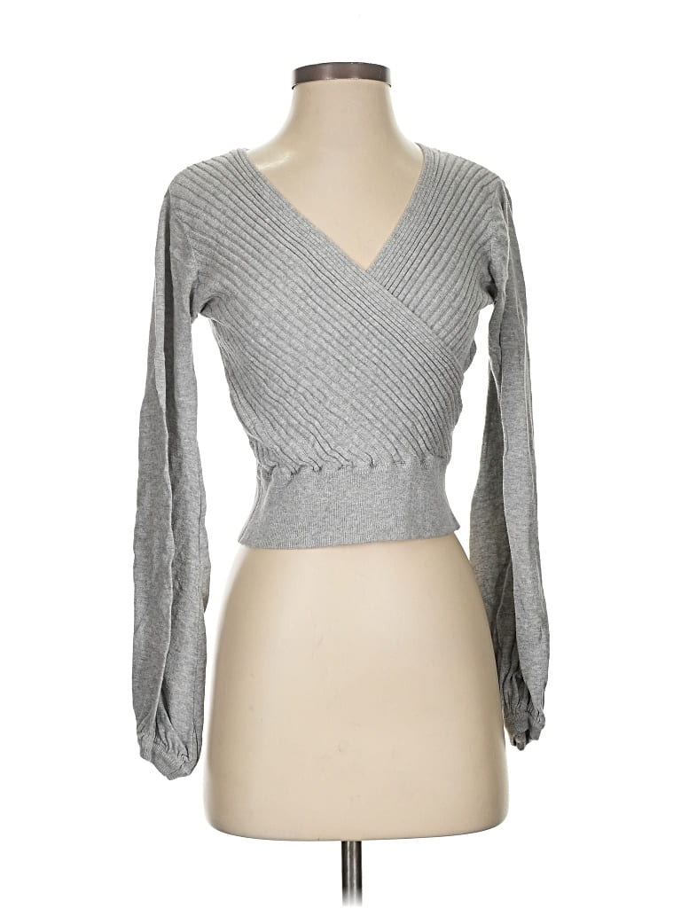 Pre-owned Minkpink Long Sleeve Top Gray Plunge Neckline Tops
