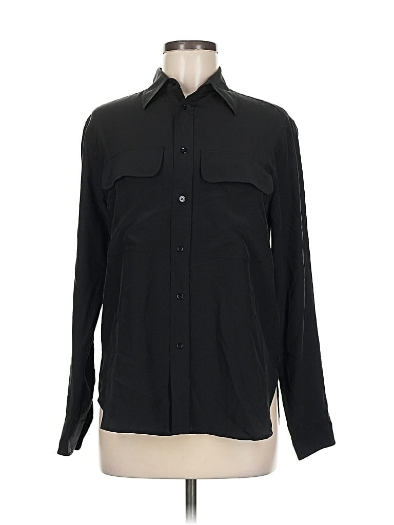 Pre-owned Polo By Ralph Lauren Long Sleeve Silk Top Black Solid Pattern Collared Neckline Tops