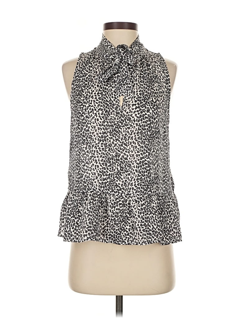 Pre-owned Joie Sleeveless Silk Top Silver Animal Print Pattern Tie Neck Tops