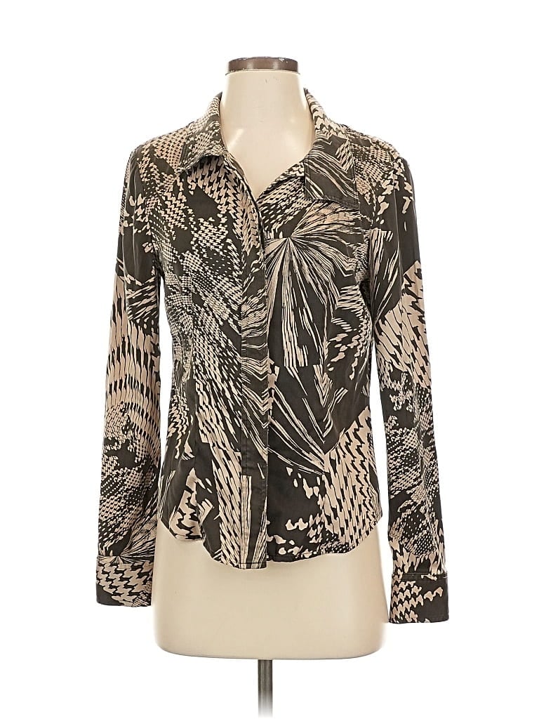 Pre-owned Per Se By Carlisle Long Sleeve Silk Top Black Print Pattern Cowl Neck Tops