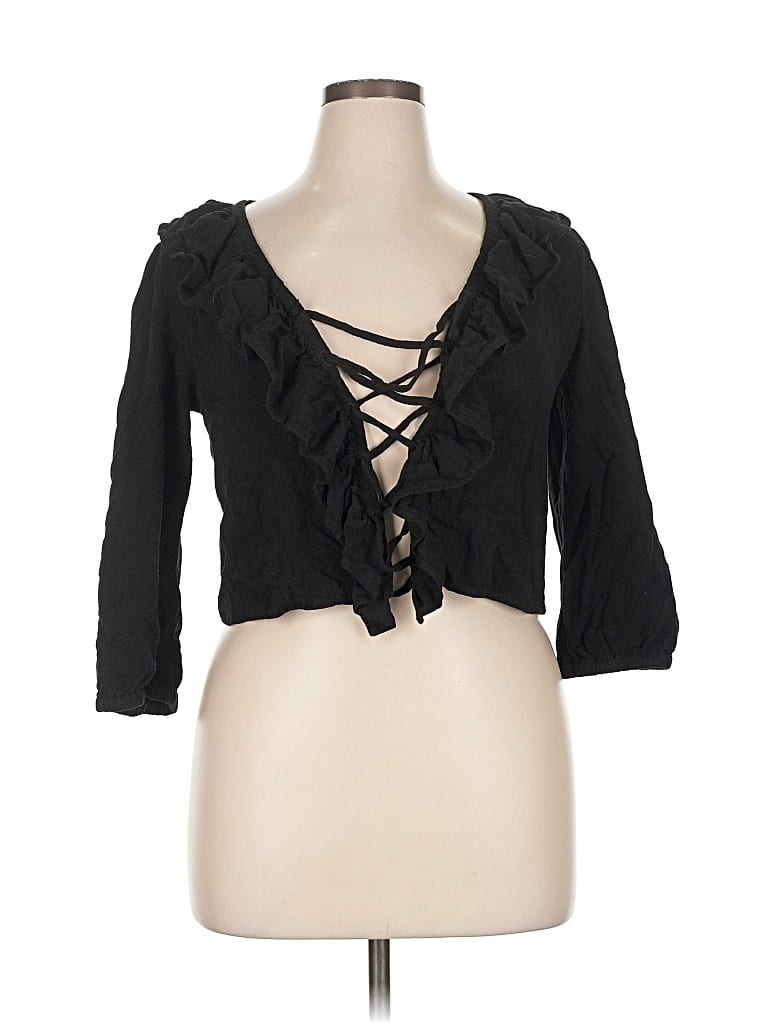 Pre-owned Rachel Pally 3/4 Sleeve Top Black Plunge Neckline Tops