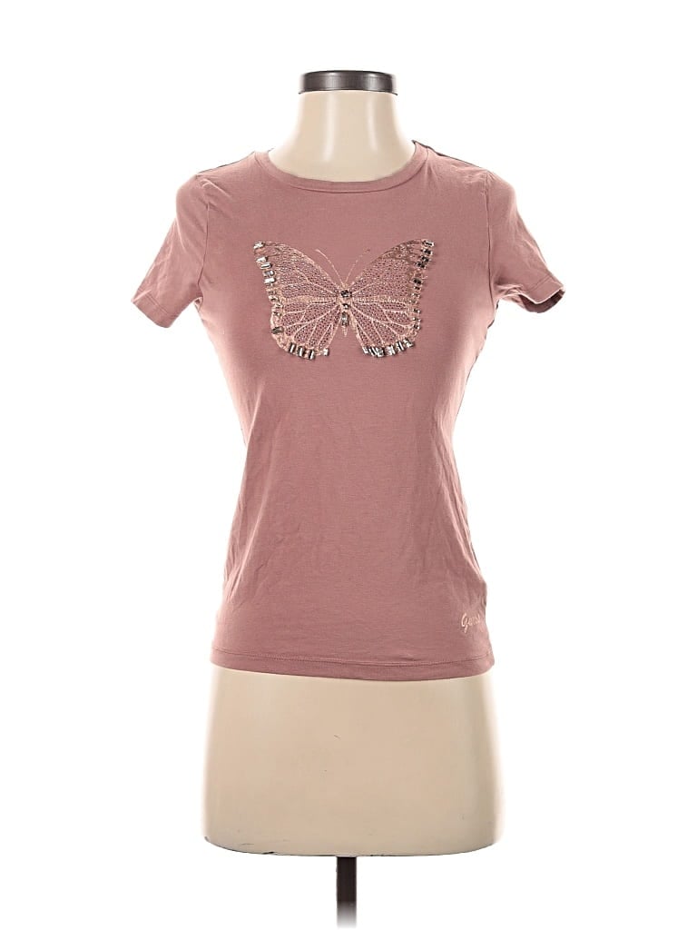 Pre-owned Guess Short Sleeve Top Pink Crew Neck Tops