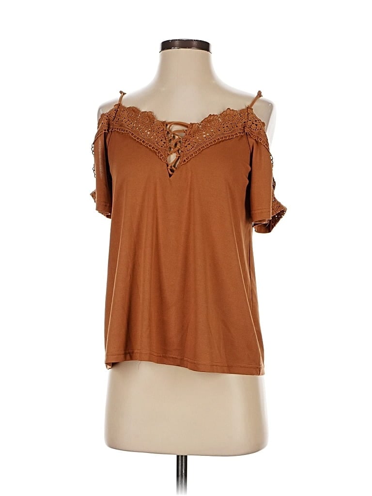 Pre-owned Daytrip Short Sleeve Top Brown Cold Shoulder Neckline Tops