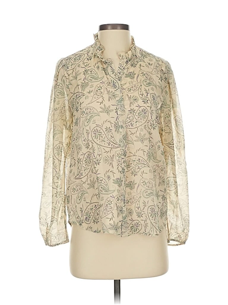 Pre-owned Joie Long Sleeve Silk Top Ivory Paisley Pattern Mock Neckline Tops In White