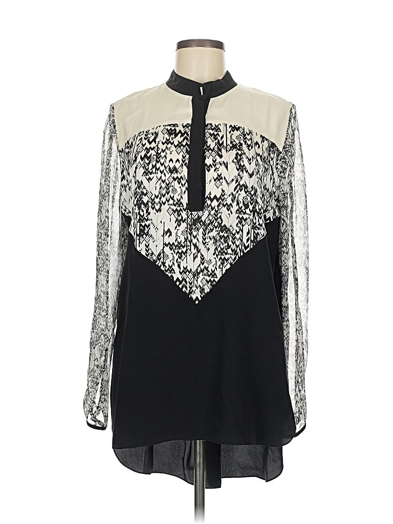 Pre-owned Prabal Gurung Long Sleeve Silk Top Black Mock Neckline Tops