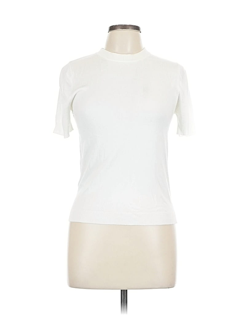 Pre-owned Mng Short Sleeve Top Ivory Mock Neckline Tops In White