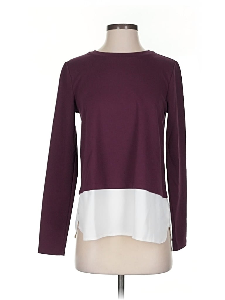Pre-owned Ann Taylor Long Sleeve Top Burgundy Color Block Pattern Boatneck Tops