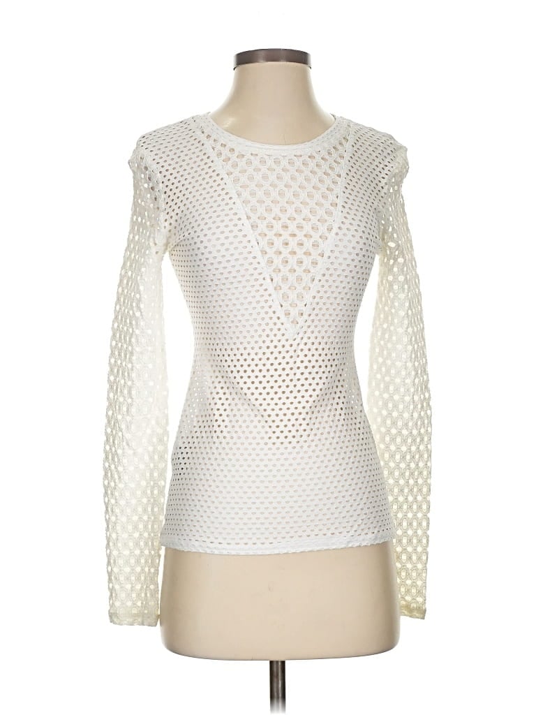 Pre-owned Bcbgmaxazria Long Sleeve Top Ivory Keyhole Neckline Tops In White