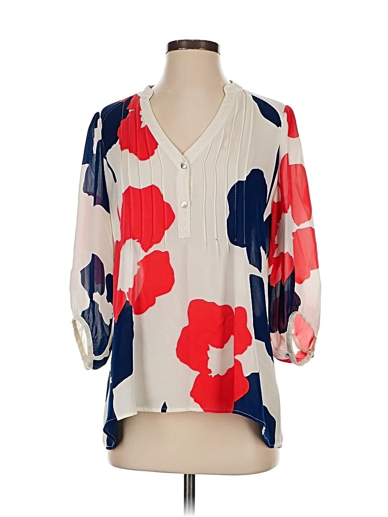 Pre-owned Annie Griffin 3/4 Sleeve Silk Top Ivory Floral Pattern V Neck Tops In White