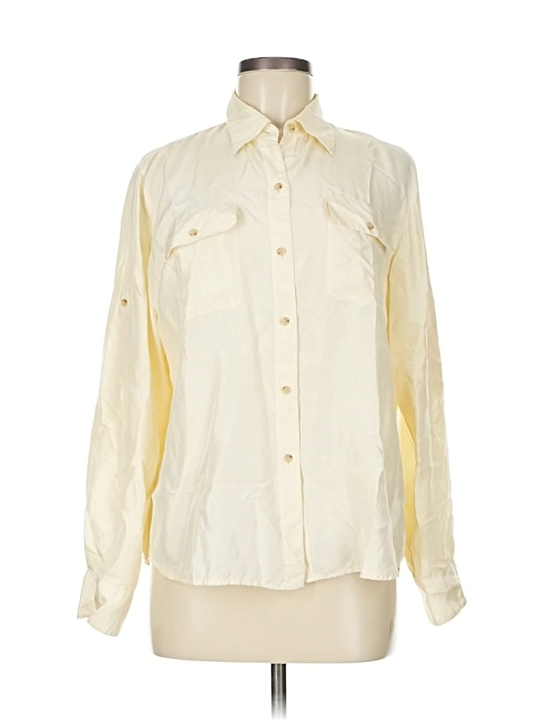Pre-owned Polo Ralph Lauren Long Sleeve Silk Top Ivory Color Block Pattern Collared Neckline Tops In White