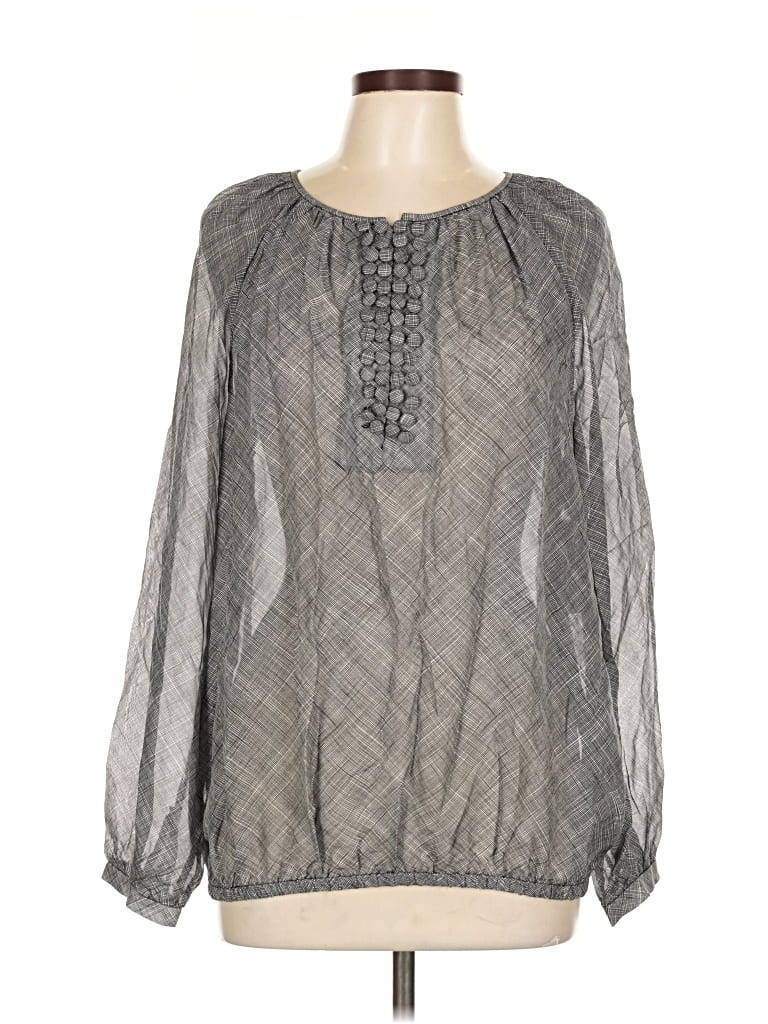 Pre-owned Due Per Due Long Sleeve Silk Top Gray Keyhole Neckline Tops