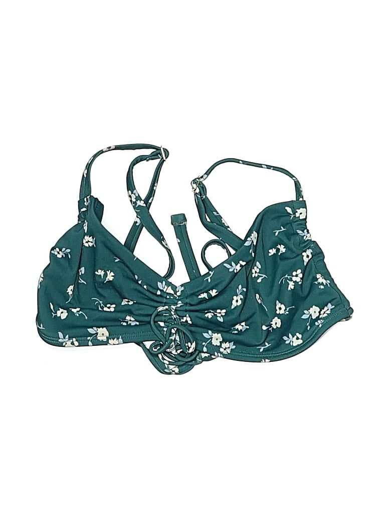 Pre-owned Hollister Swimsuit Top Teal Floral Pattern Swimwear In Blue