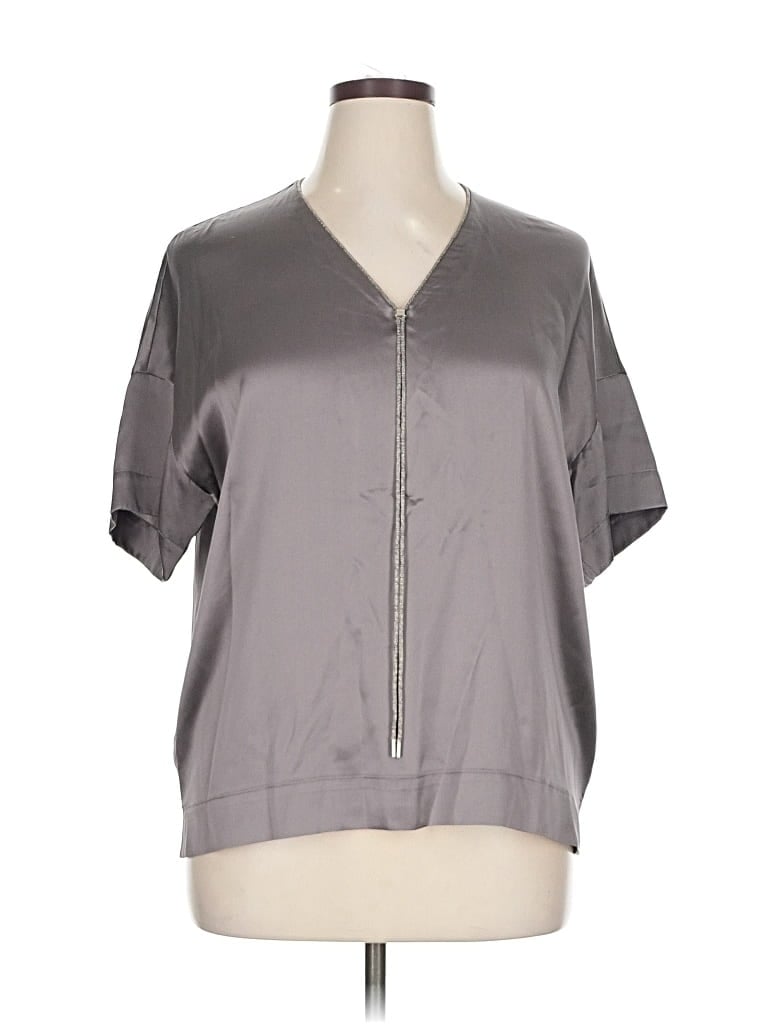Pre-owned Lafayette 148 Short Sleeve Silk Top Gray V Neck Tops