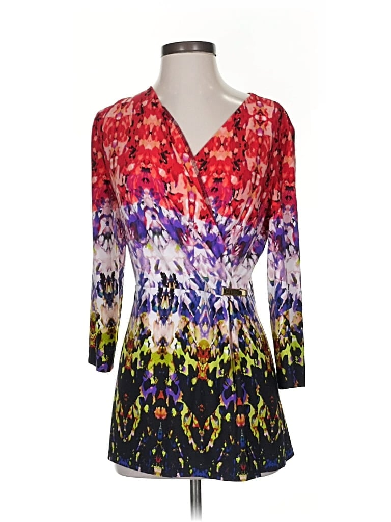 Pre-owned Calvin Klein 3/4 Sleeve Top Purple Print Pattern V Neck Tops