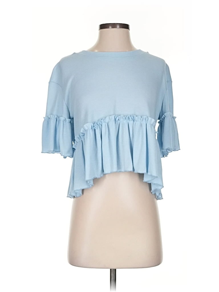 Pre-owned Altar'd State 3/4 Sleeve Top Blue Ruffles Neckline Tops