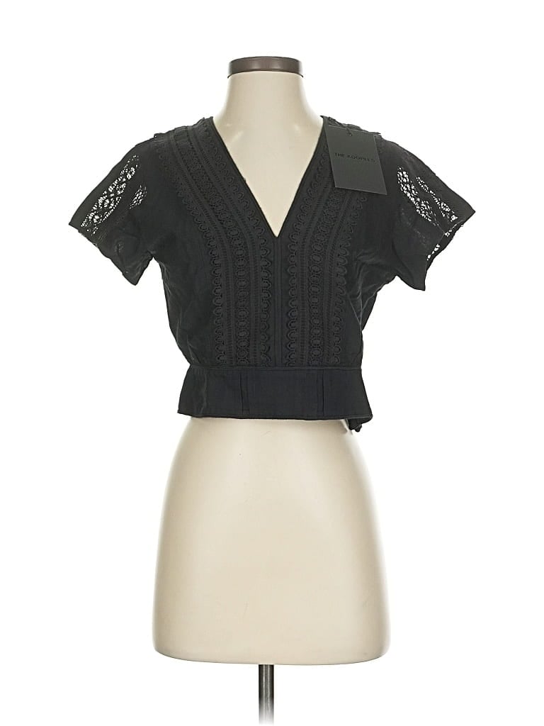 Pre-owned The Kooples Short Sleeve Top Black Plunge Neckline Tops