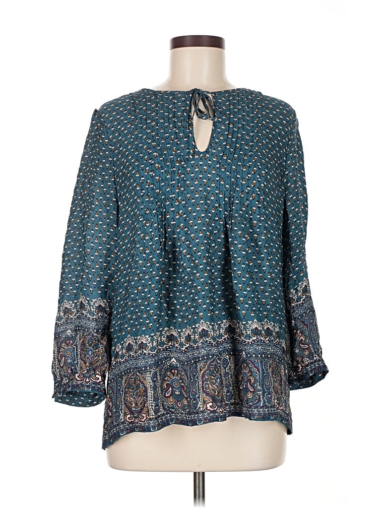 Pre-owned Joie 3/4 Sleeve Silk Top Teal Keyhole Neckline Tops In Blue
