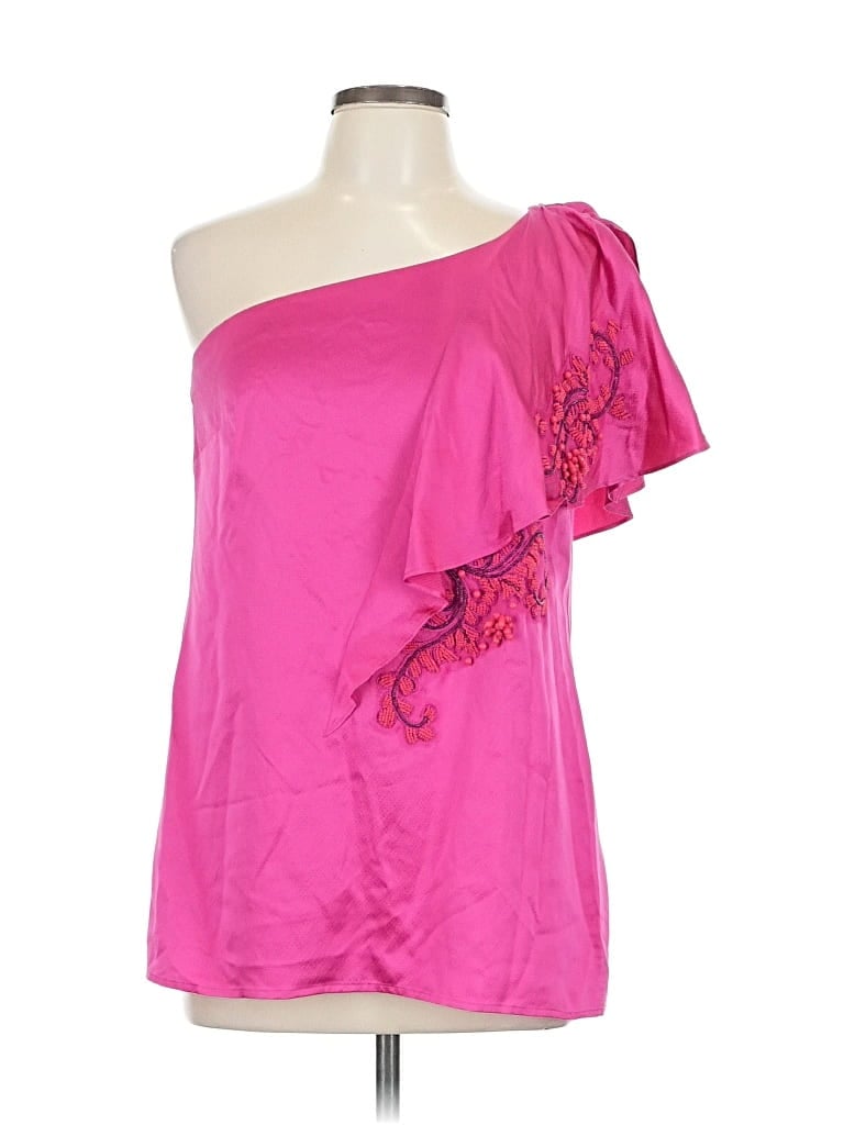 Pre-owned Nanette Lepore Short Sleeve Silk Top Pink One Shoulder Neckline Tops