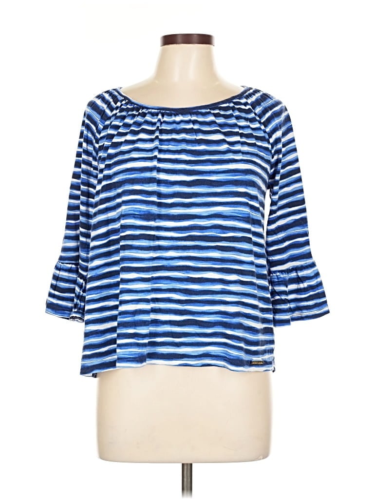 Pre-owned Michael Michael Kors 3/4 Sleeve Top Blue Stripes Pattern Polo Shirt Neckline Tops