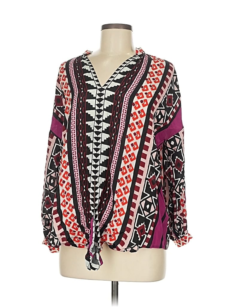 Pre-owned Marie Oliver Long Sleeve Silk Top Burgundy Print Pattern Plunge Neckline Tops