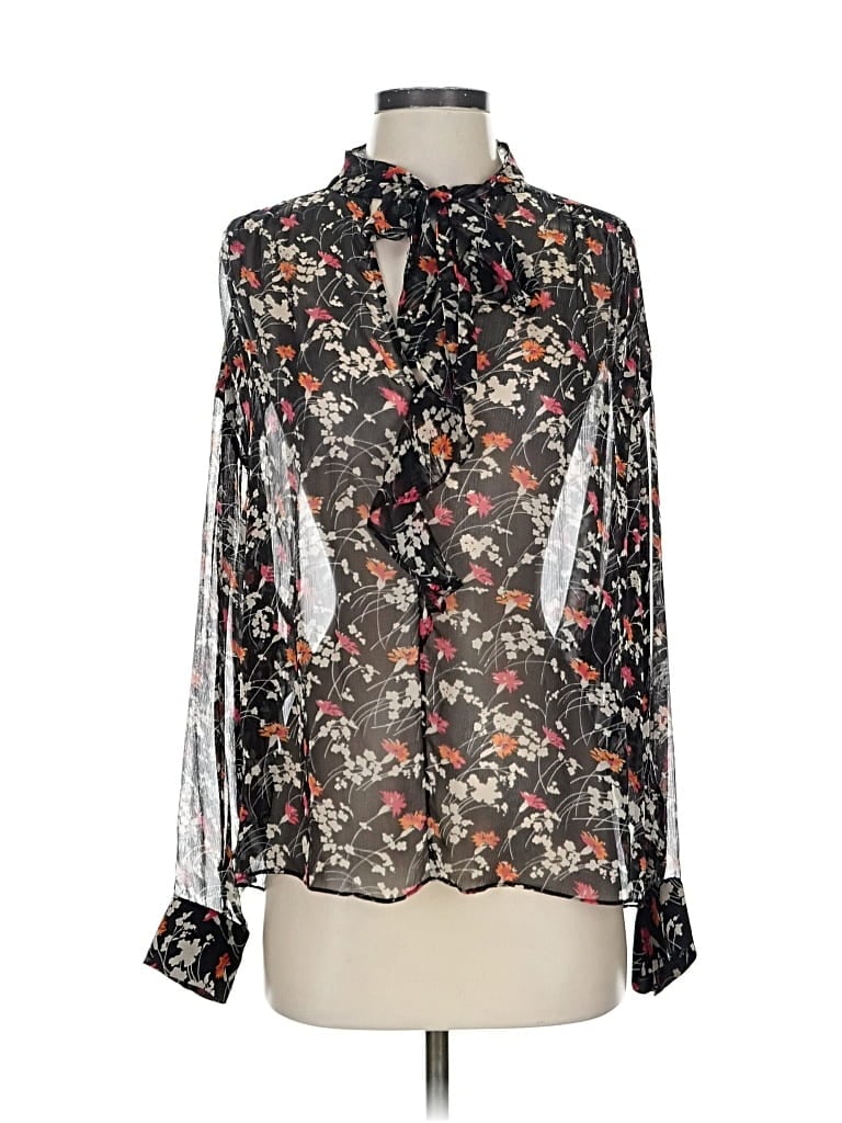 Pre-owned Joie Long Sleeve Silk Top Black Floral Pattern Tie Neck Tops