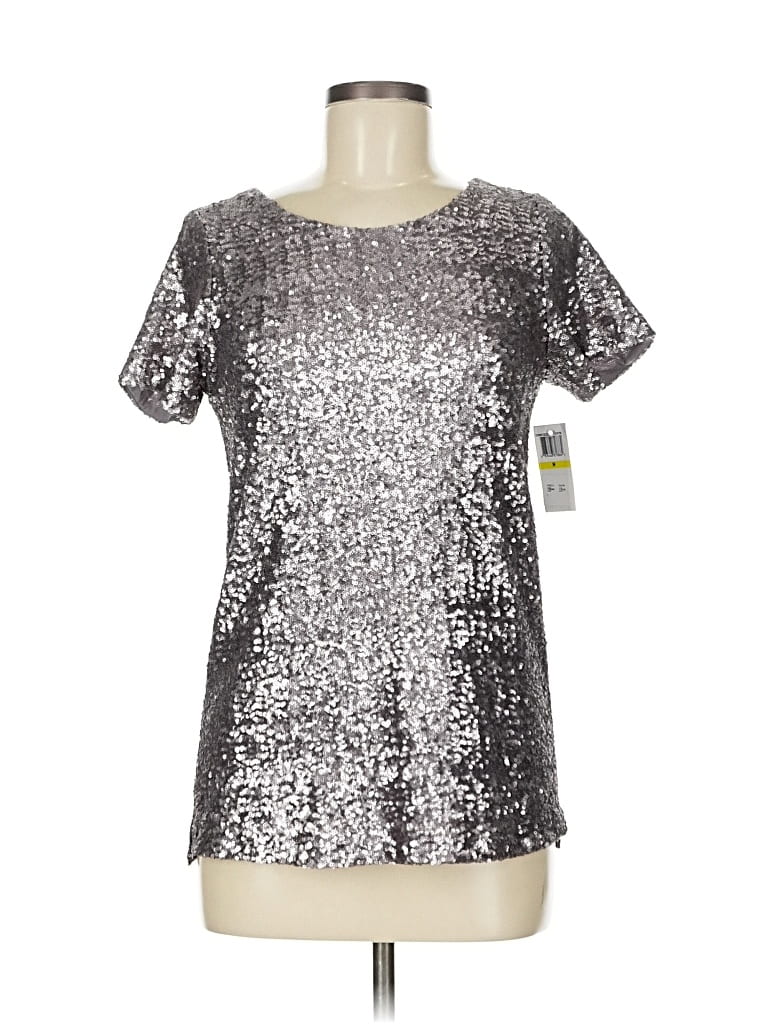 Velvet Short Sleeve Top Silver Metallic Pattern Scoop Neck Tops In Black