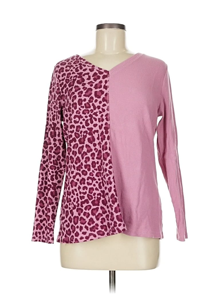 Pre-owned Belle By Kim Gravel Long Sleeve Top Pink Crew Neck Tops
