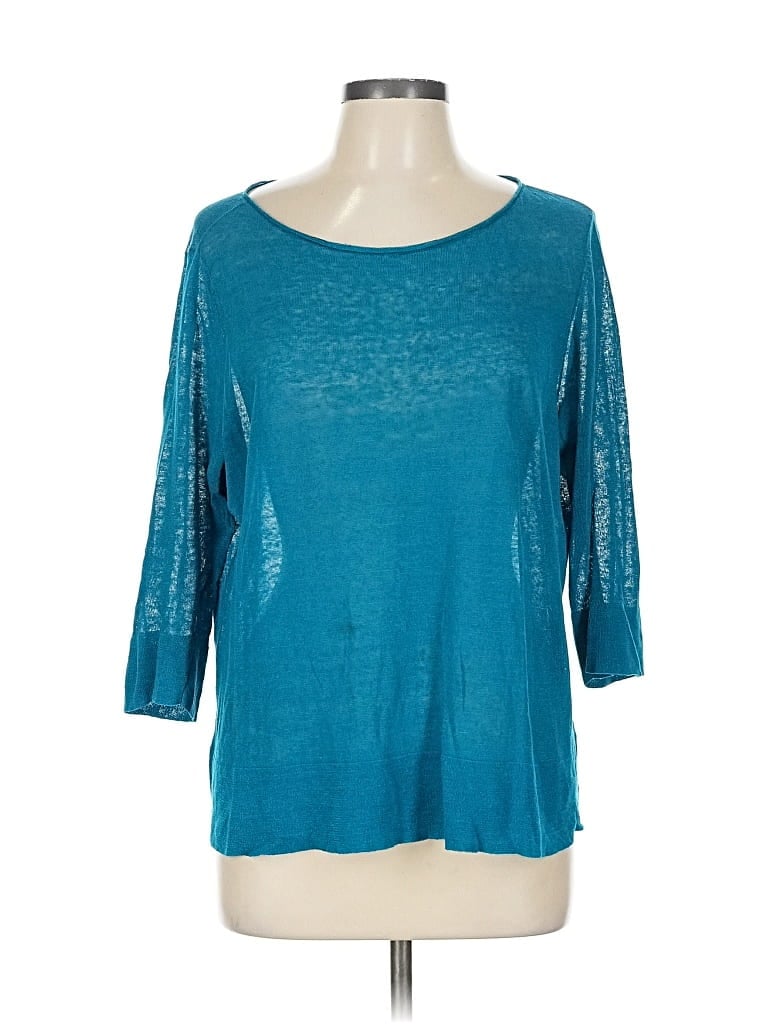 Pre-owned Eileen Fisher 3/4 Sleeve Top Teal Solid Pattern Scoop Neck Tops In Blue