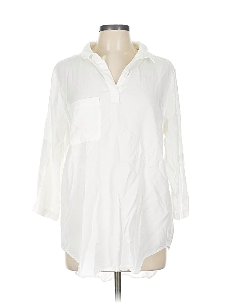 Pre-owned Side Stitch 3/4 Sleeve Button Down Shirt In White
