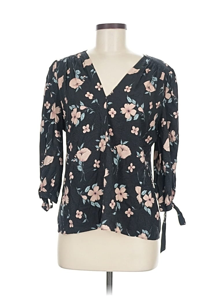 Pre-owned Rebecca Taylor 3/4 Sleeve Silk Top Black Plunge Neckline Tops