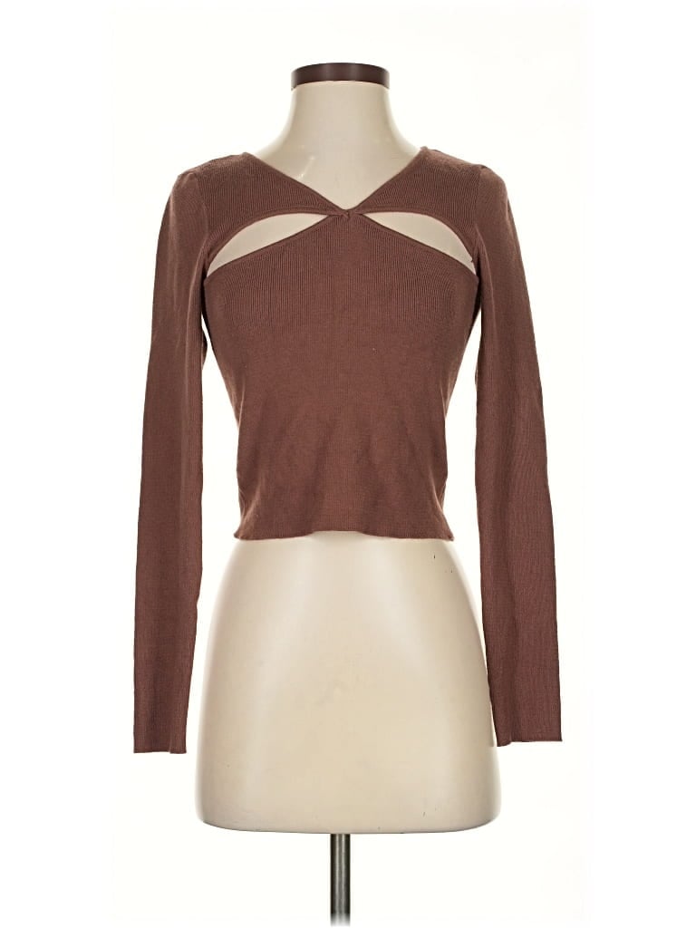 Pre-owned Kendall & Kylie Long Sleeve Top Brown Keyhole Neckline Tops