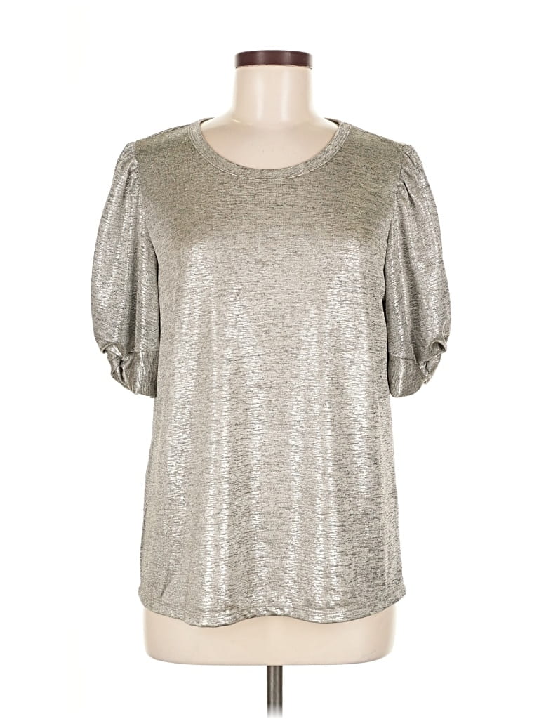 Pre-owned Kim & Cami Short Sleeve Top Silver Metallic Pattern Scoop Neck Tops