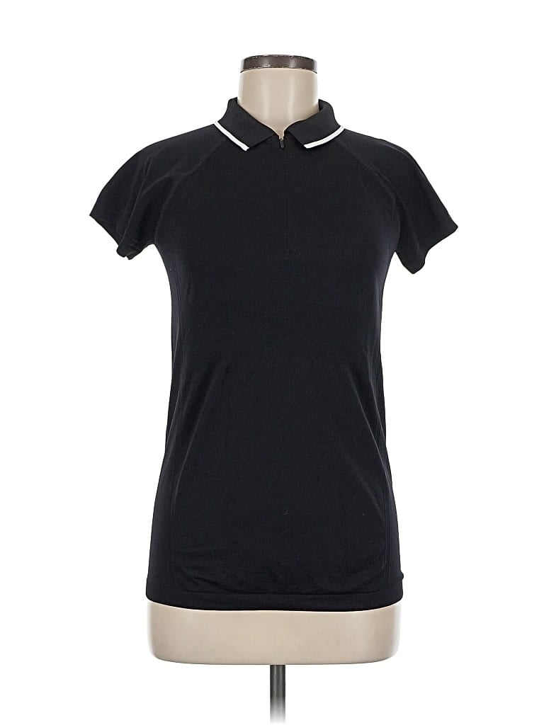 Pre-owned Athleta Short Sleeve Top Black Stripes Pattern Collared Neckline Tops