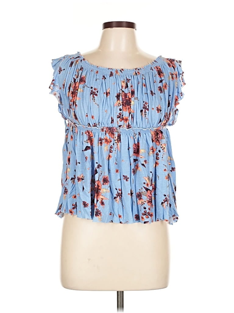 Pre-owned We The Free Short Sleeve Top Blue Floral Pattern Ruffles Neckline Tops