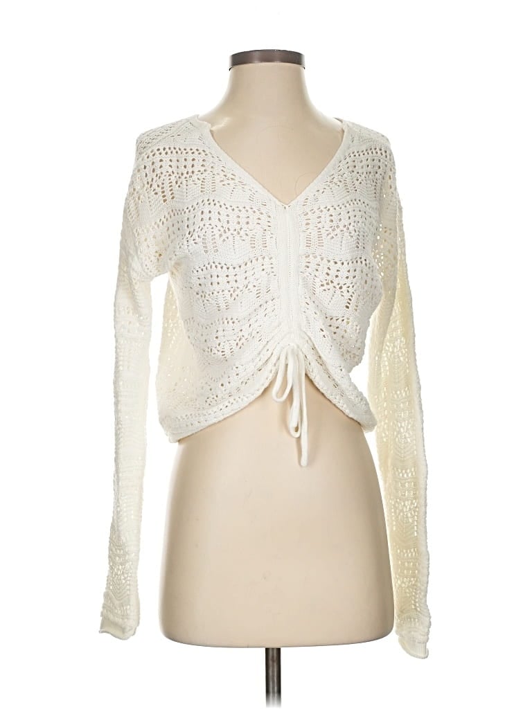 Pre-owned Jessica Simpson Long Sleeve Top Ivory Plunge Neckline Tops In White