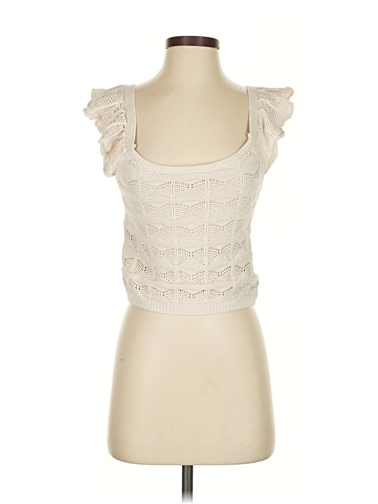 Pre-owned Jessica Simpson Short Sleeve Top Ivory Solid Pattern Square Neckline Tops In White