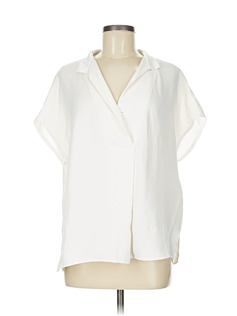 Pre-owned Lafayette 148 Short Sleeve Silk Top White Plunge Neckline Tops
