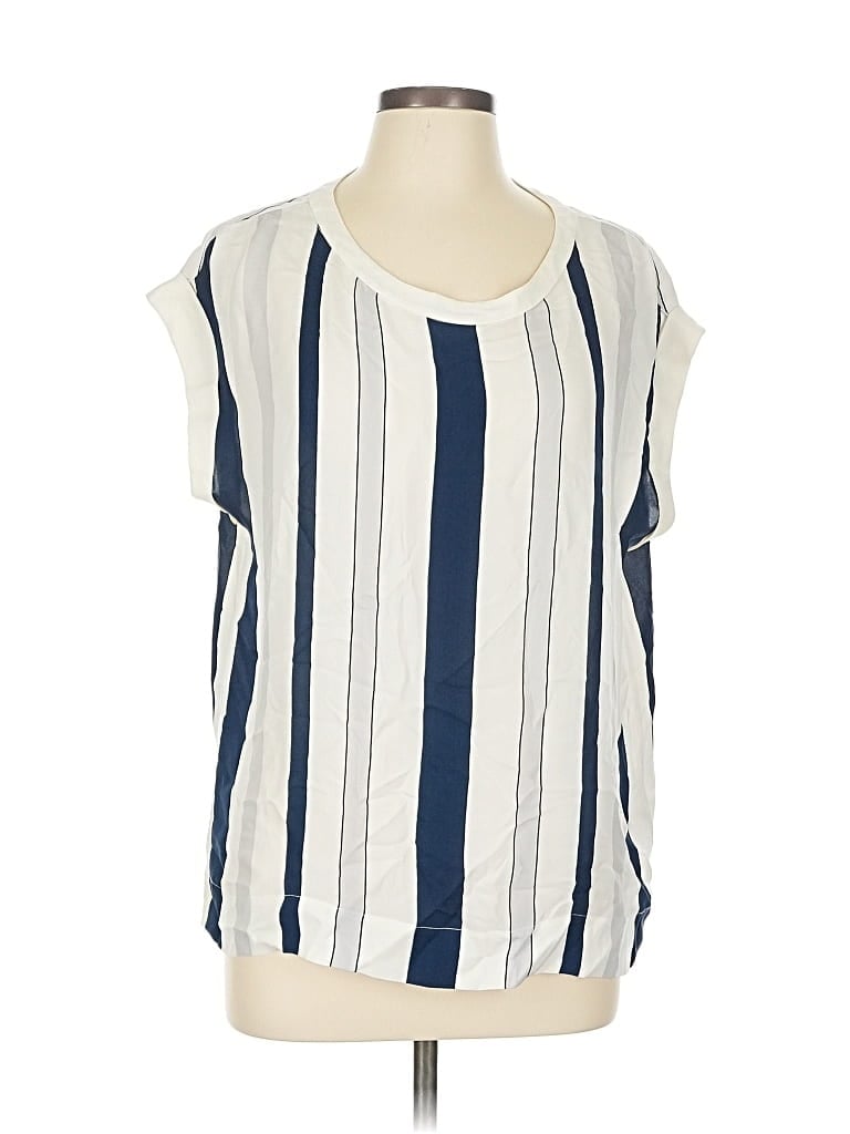Pre-owned Theory Short Sleeve Silk Top Blue Stripes Pattern Boatneck Tops