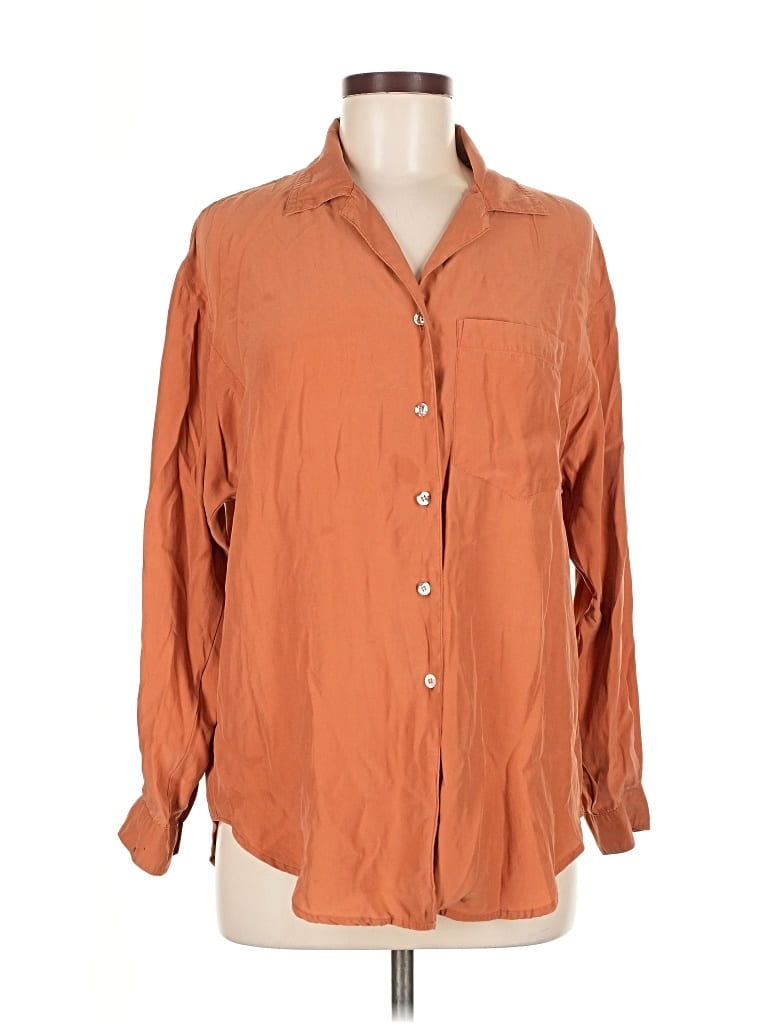 Pre-owned Carole Little Long Sleeve Silk Top Orange Collared Neckline Tops
