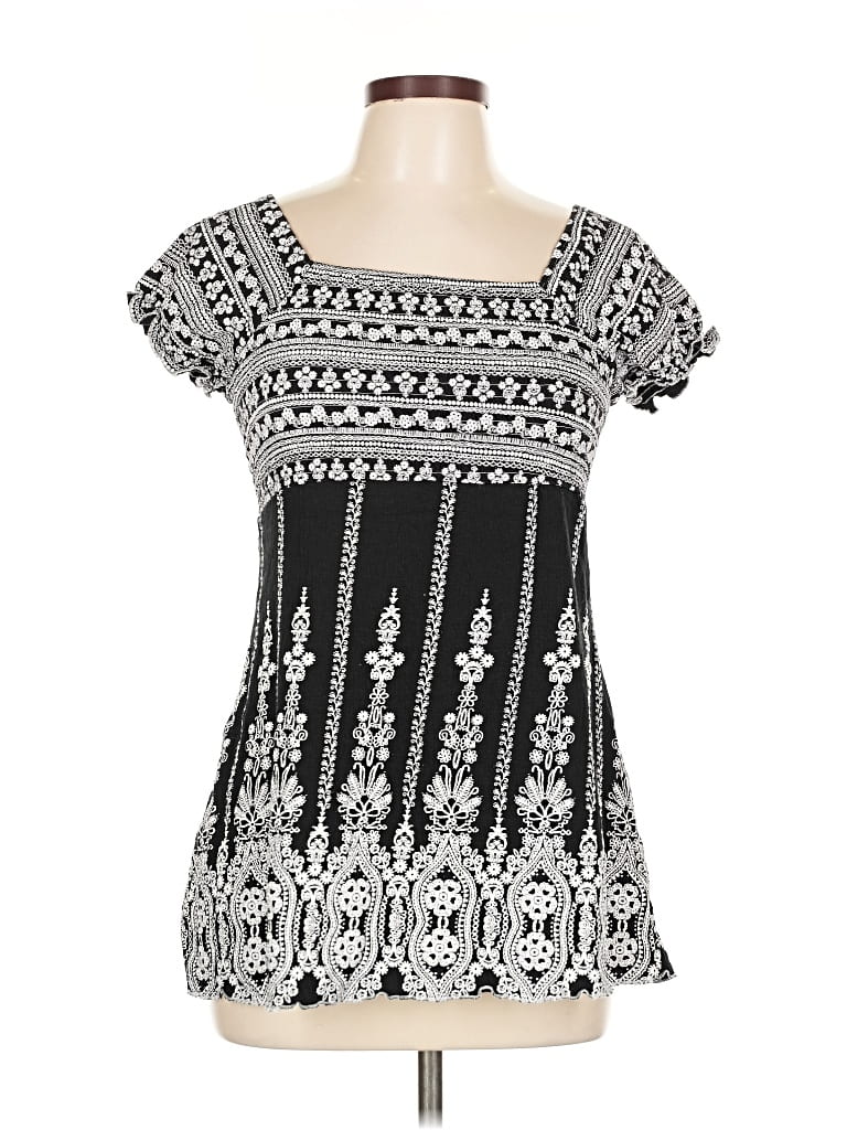 Pre-owned Roz & Ali Short Sleeve Top Black Square Neckline Tops