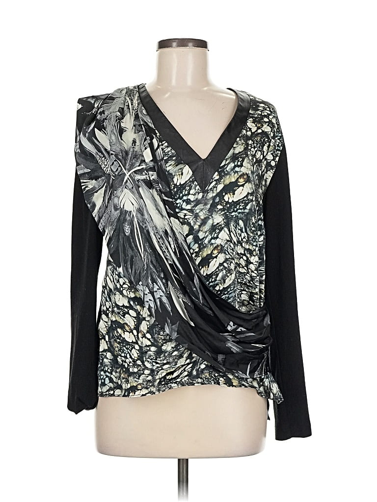 Pre-owned Nicole Miller Long Sleeve Silk Top Black Plunge Neckline Tops