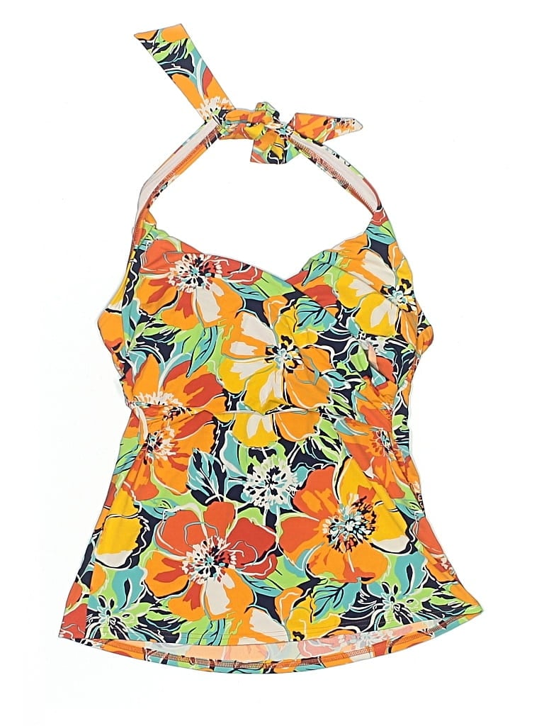 Pre-owned Lands' End Swimsuit Top Orange Floral Pattern Swimwear