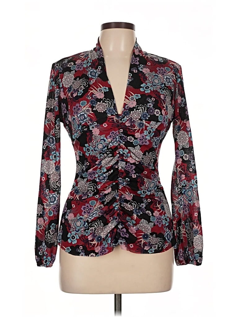 Pre-owned Bisou Bisou Long Sleeve Blouse In Burgundy