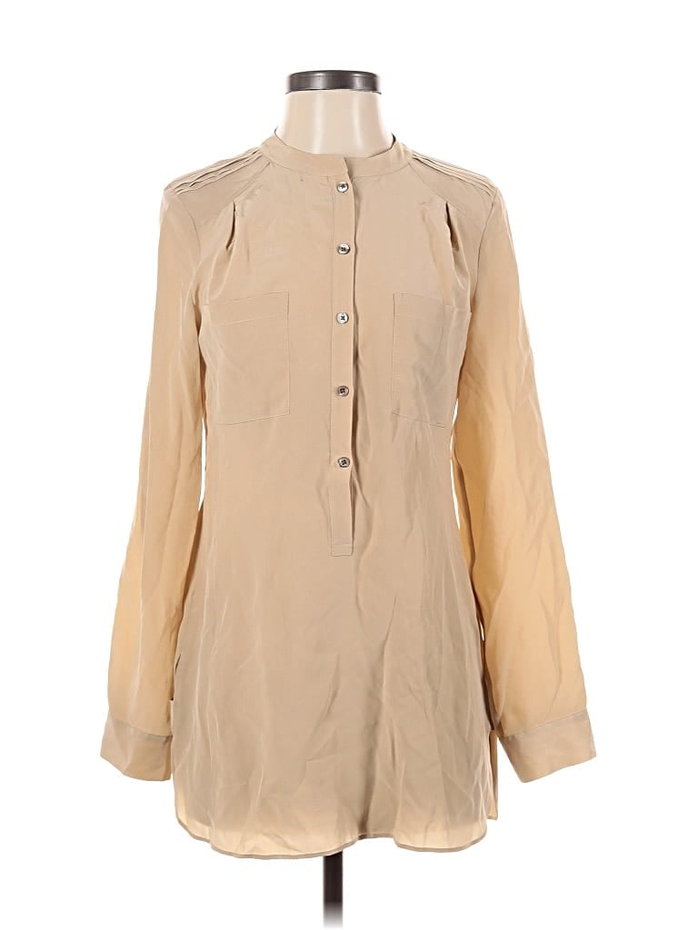 Pre-owned Ann Taylor Long Sleeve Silk Top Tan Mock Neckline Tops In Brown